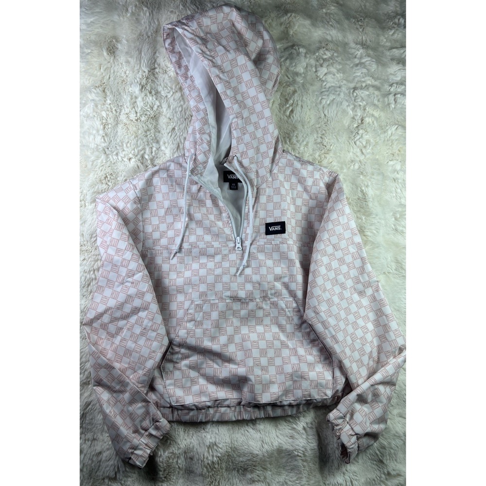 ⁠Vans Womens XS Pink White Checkerboard Anorak Windbreaker Jacket Half Zip A6